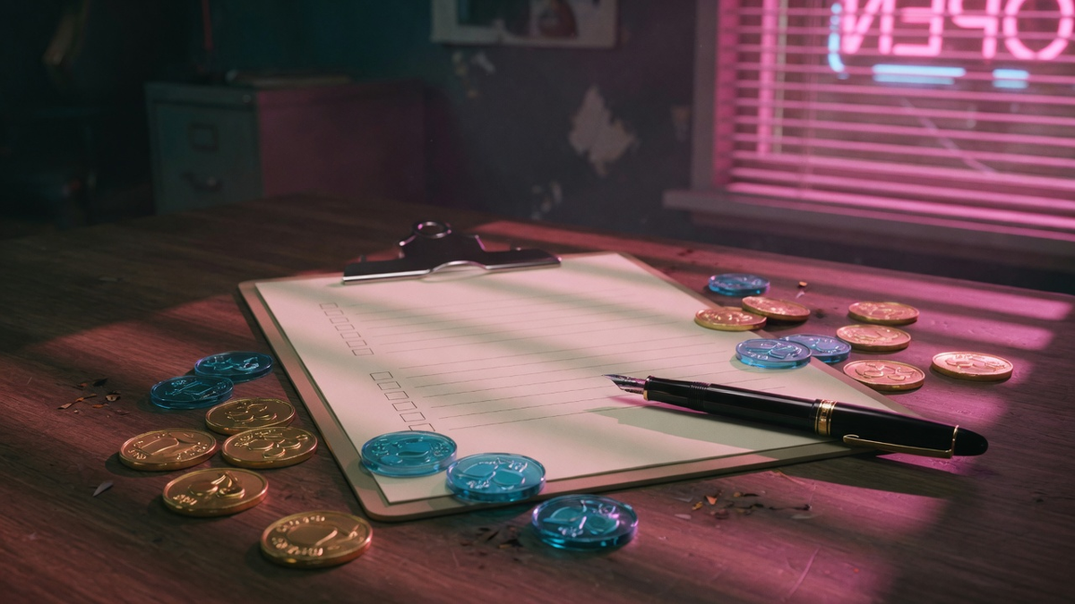 Checklist clipboard, fountain pen, and gold coins on a dark wood desk with pink neon.