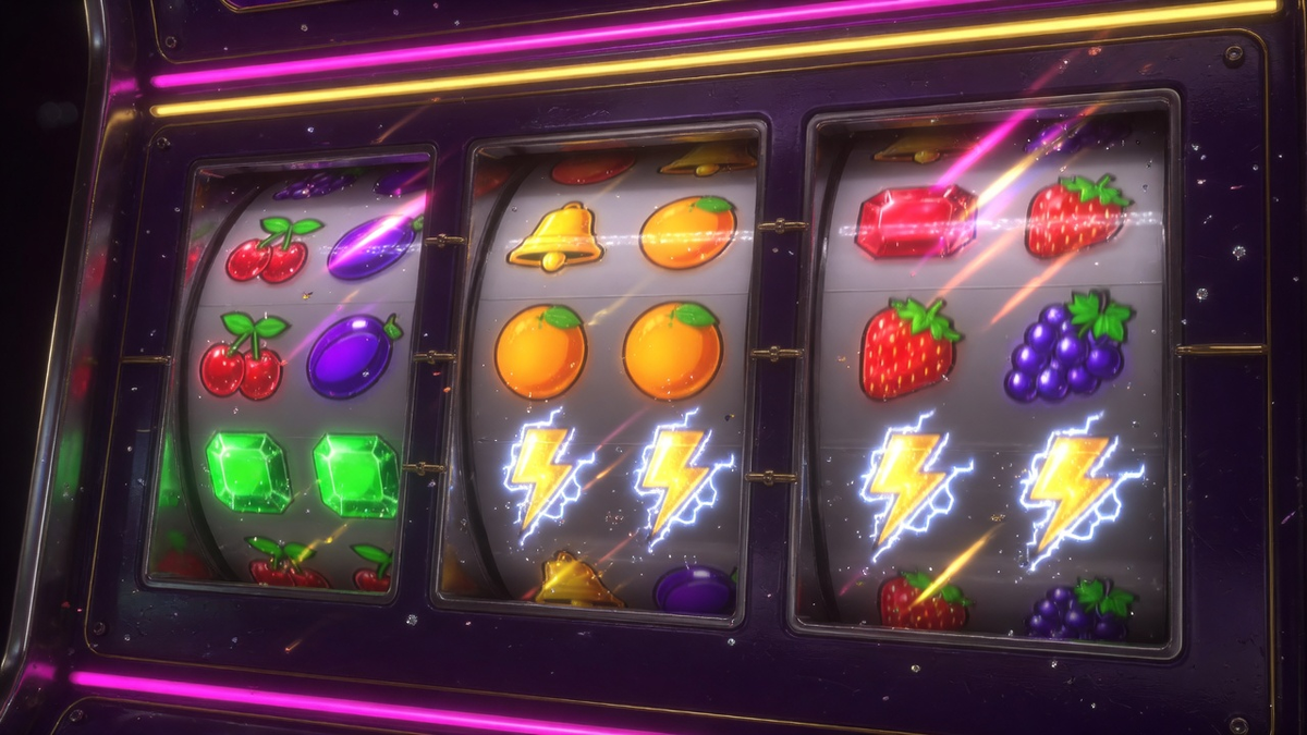 Colorful slot reels with fruit and gems under magenta and gold neon.
