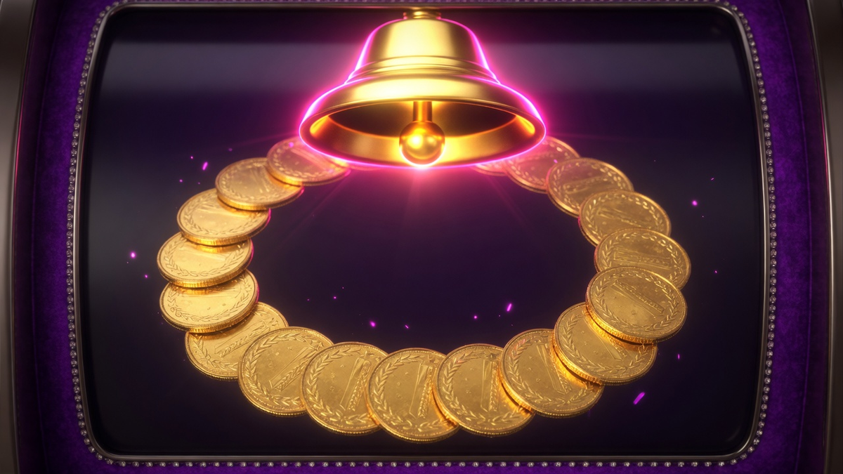 Gold coins locked on a dark purple slot window under a glowing jackpot bell.