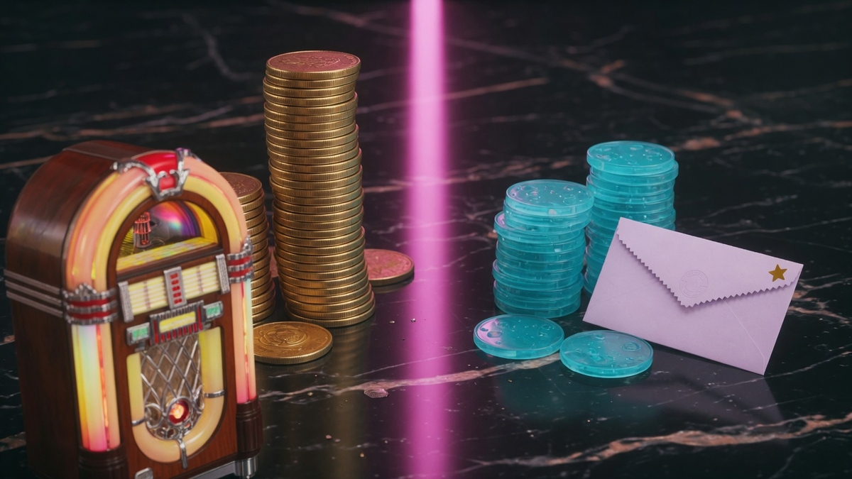 Gold coins beside a vintage jukebox and cyan coins beside a prize envelope, split by magenta neon.
