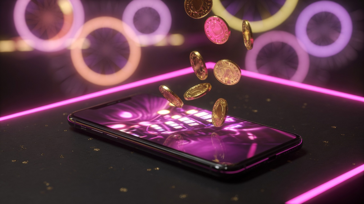 Smartphone on a dark desk showing a pink and purple social-casino lobby glow.