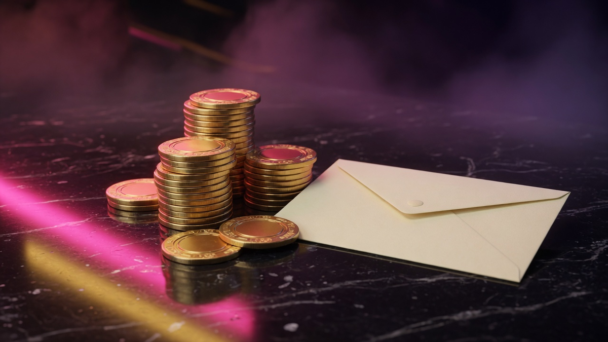 Gold casino chips and a blank envelope on black marble under magenta neon.