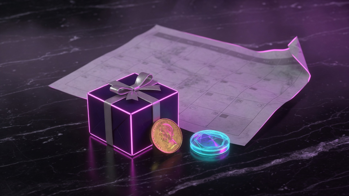 Gift box with gold and cyan coins on black marble under magenta neon.