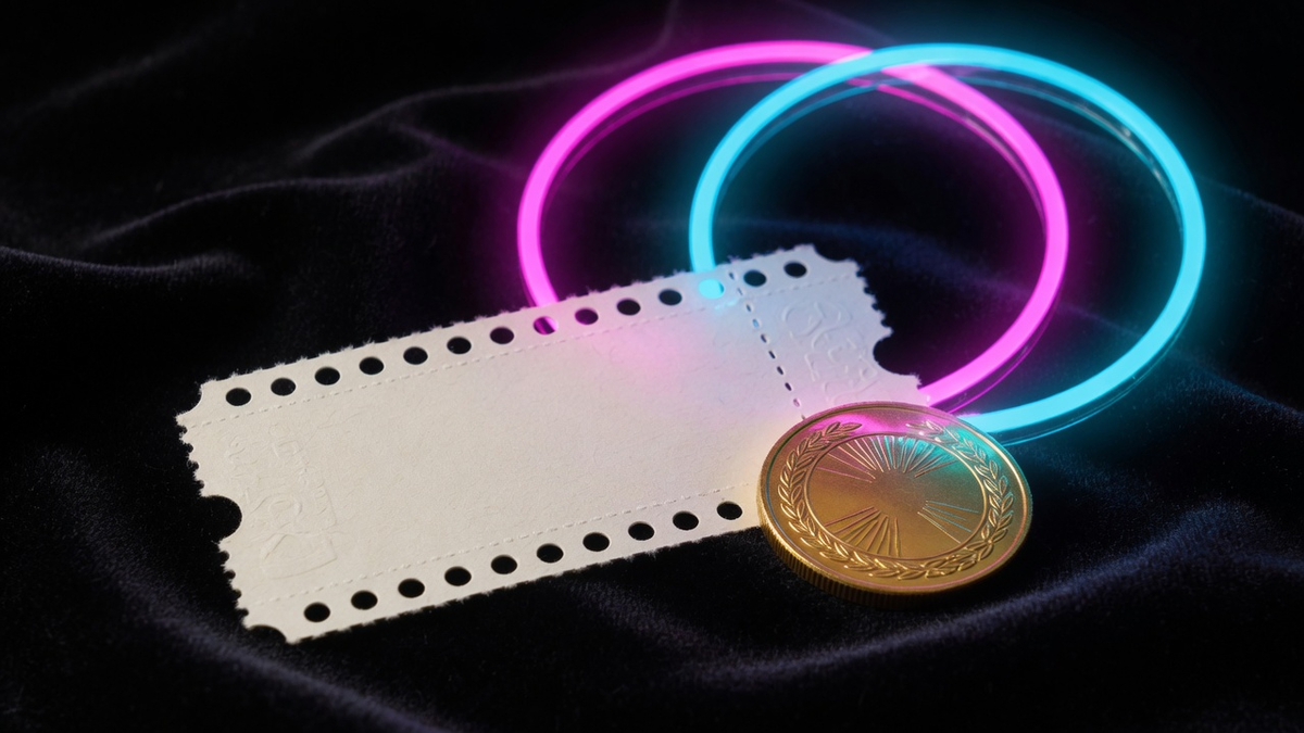 Blank prize ticket and a gold coin on black velvet under magenta neon rings.