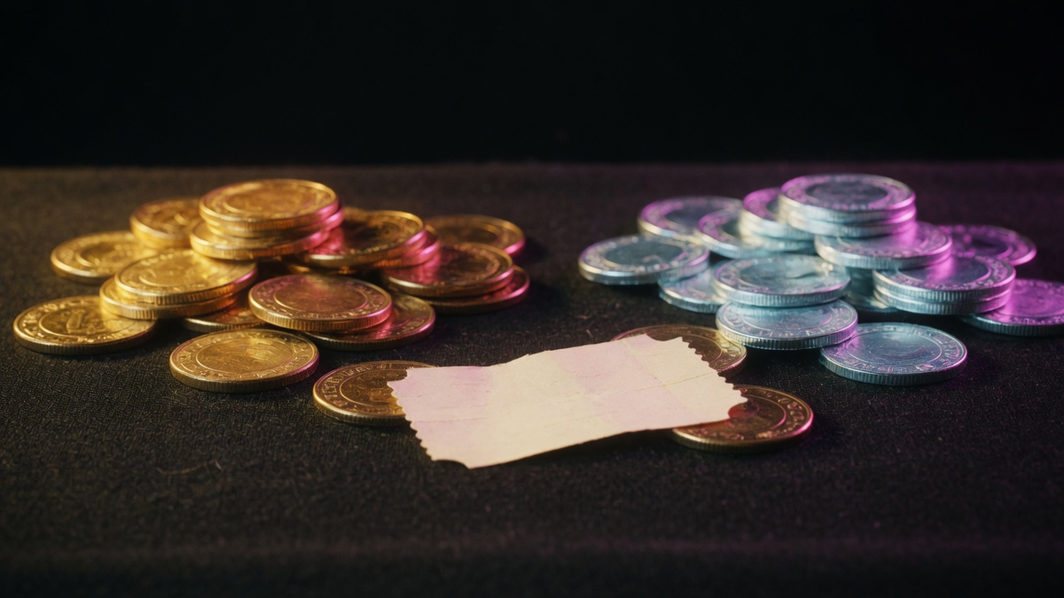 Gold and cyan coin piles with a small paper ticket on dark casino felt.